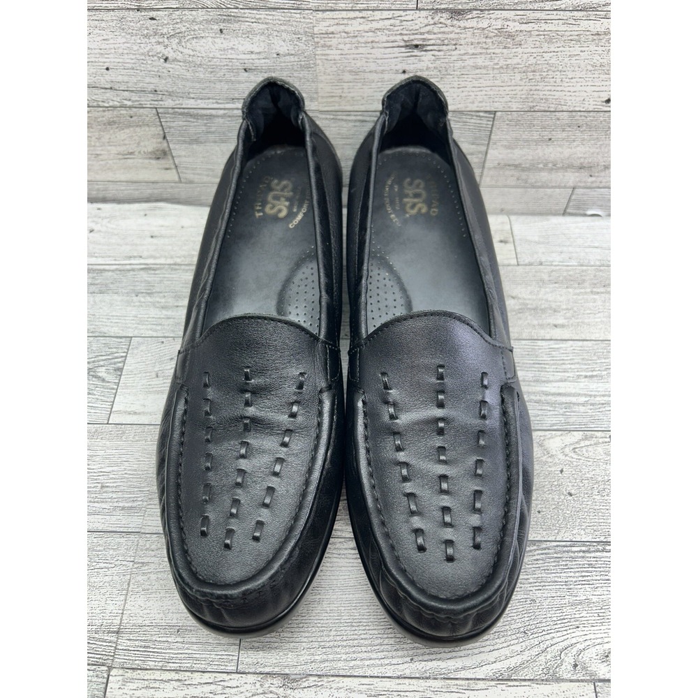 SAS Tripad Womens Shoes 9.5 N Weave Casual Slip On Loafer Black Leather Wedge